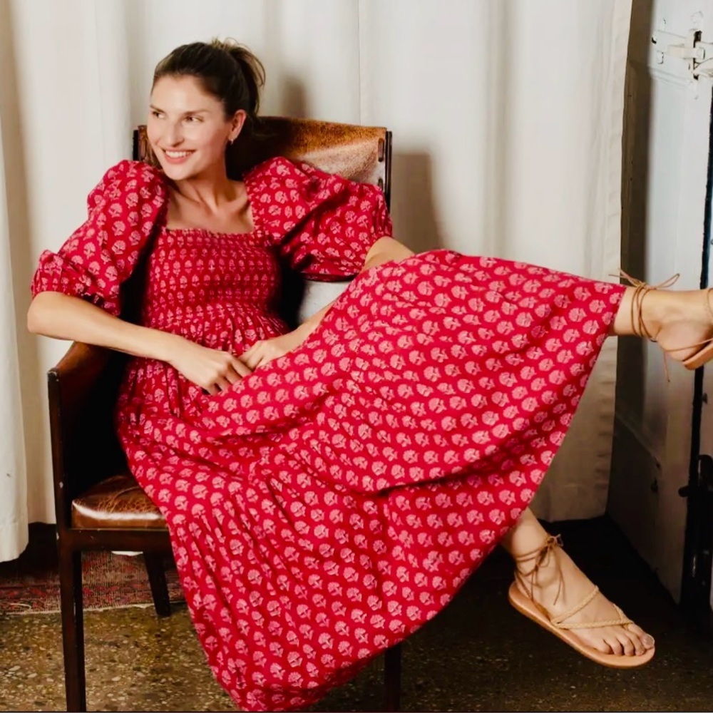 Ophelia & Indigo Red & Pink hydrangea square neck, midi bohemian dress